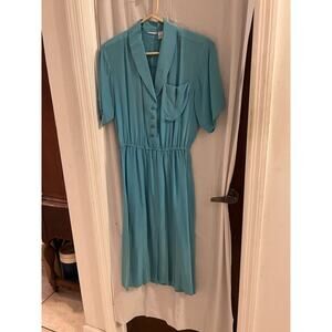 ambria vintage blue 100% silk pleated midi dress size 7/8 Secretary Retro Office